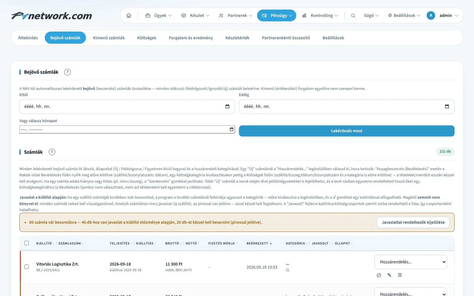 P1network — NAV-tól lekérdezett bejövő számlák listája besorolással