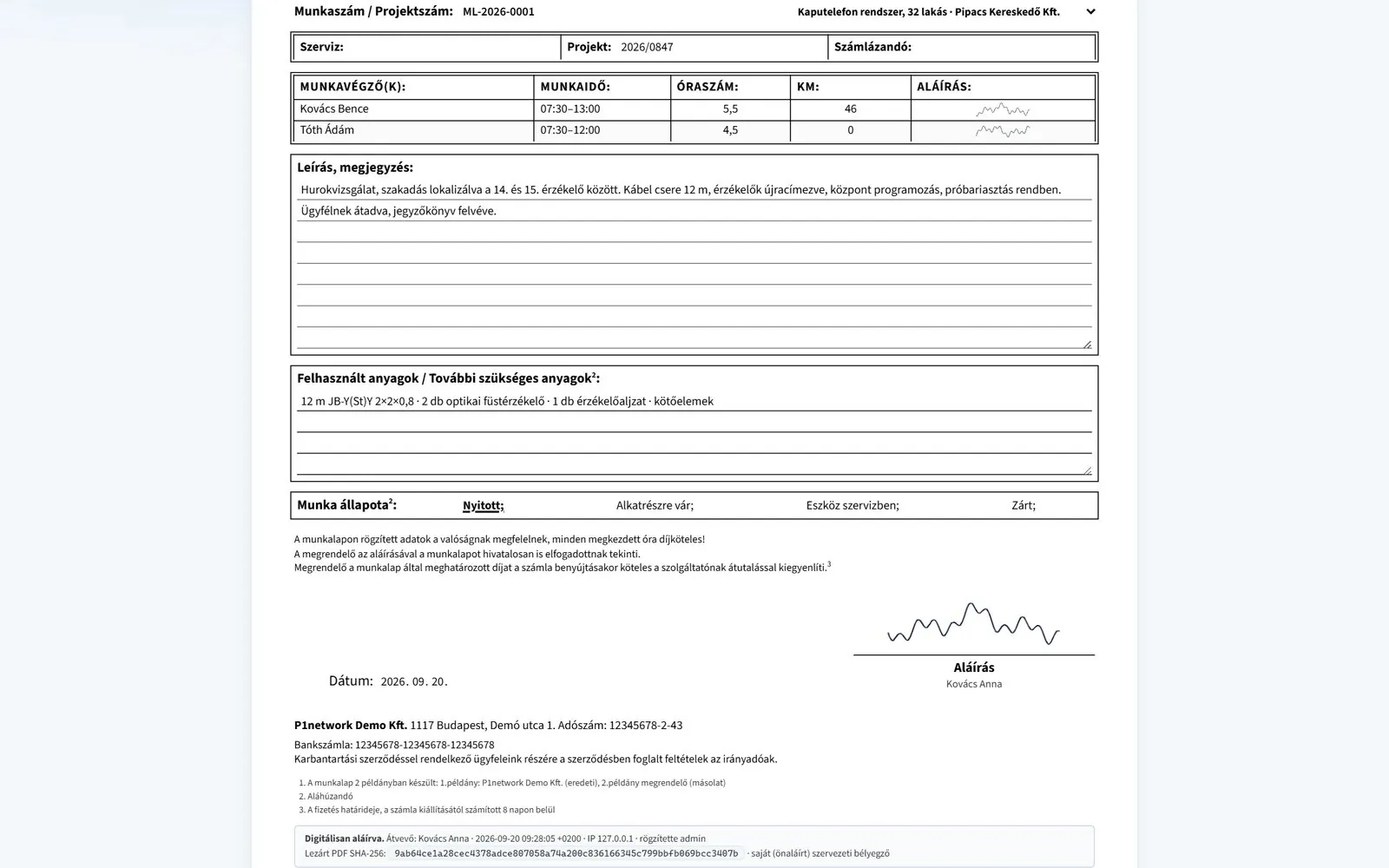 P1network vállalatirányítási rendszer – aláírt, zárolt munkalap