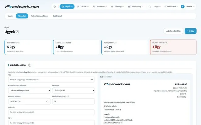 P1network vállalatirányítási rendszer – Ügyek · Ajánlat készítése