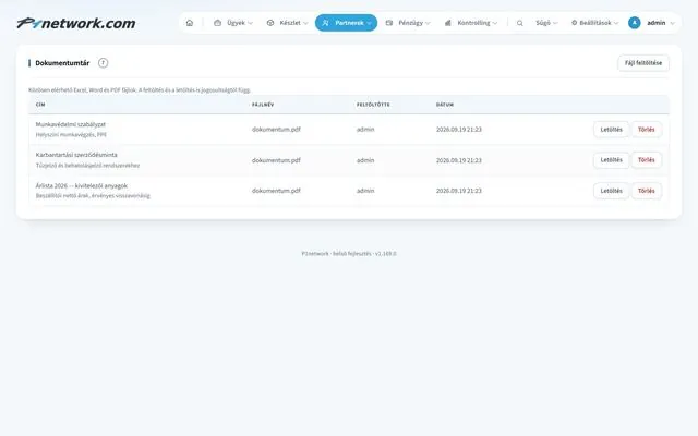 P1network vállalatirányítási rendszer – Partnerek · Szerződések (Dokumentumtár)