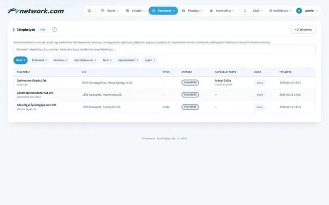 P1network vállalatirányítási rendszer – Partnerek · Telephelyek és felmérés