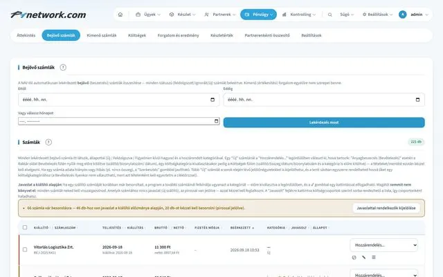 NAV-tól lekérdezett bejövő számlák a P1network-ben