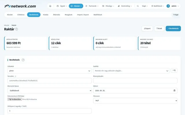 P1network vállalatirányítási rendszer – Készlet · Bevételezés