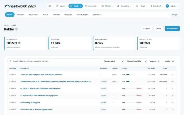 P1network vállalatirányítási rendszer – Készlet · Raktár