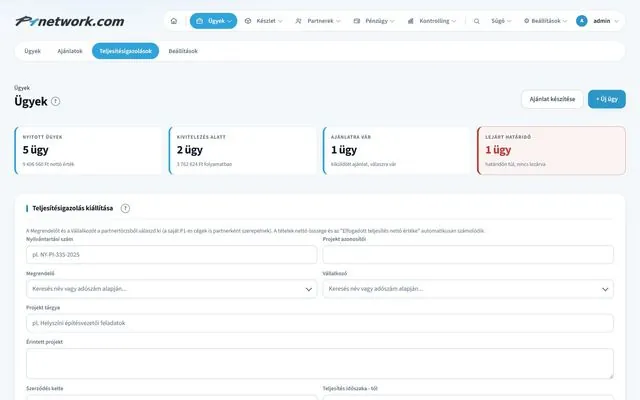 P1network vállalatirányítási rendszer – Ügyek · Teljesítésigazolás