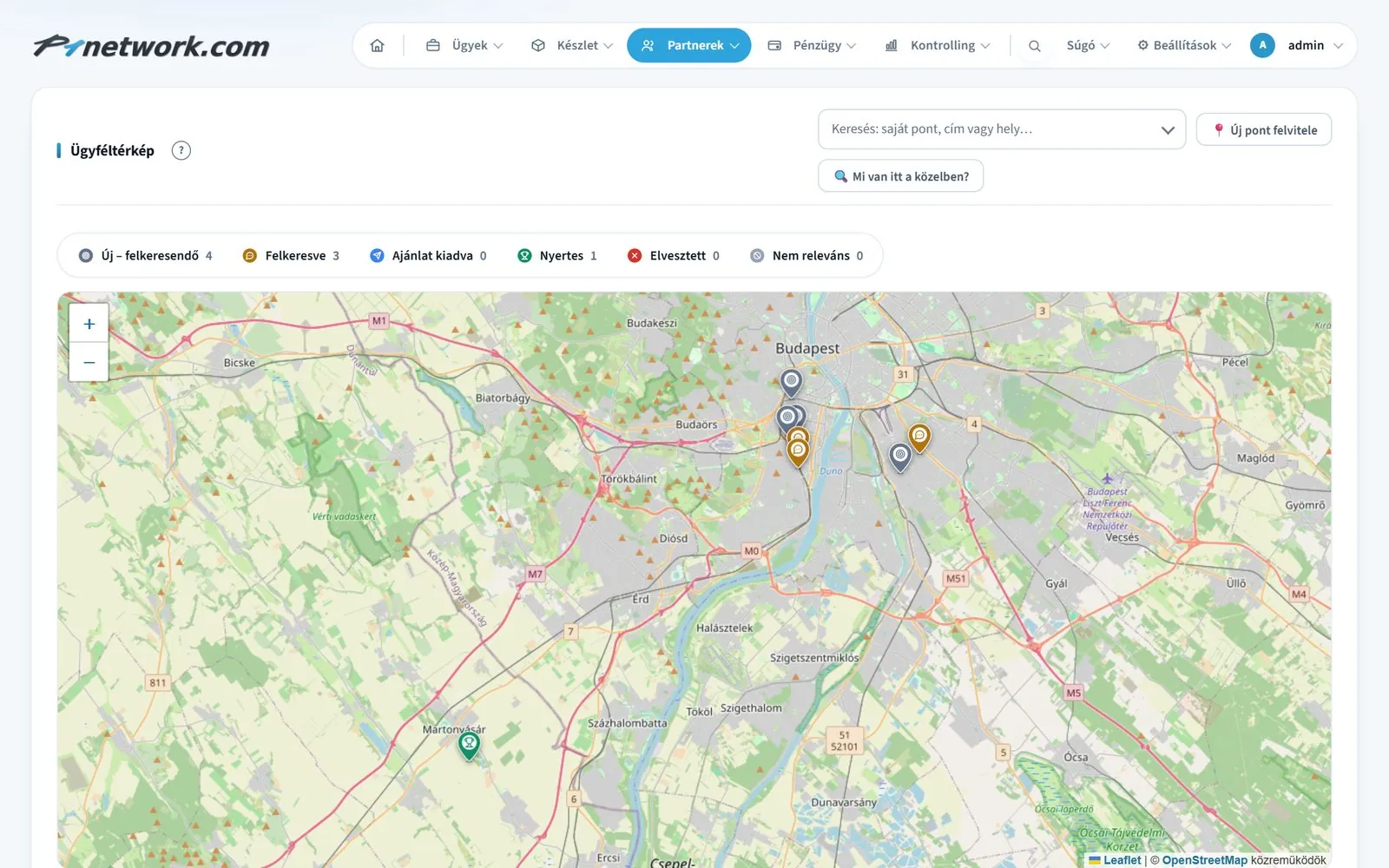 Ügyfelek és telephelyek térképes nézete a P1network-ben